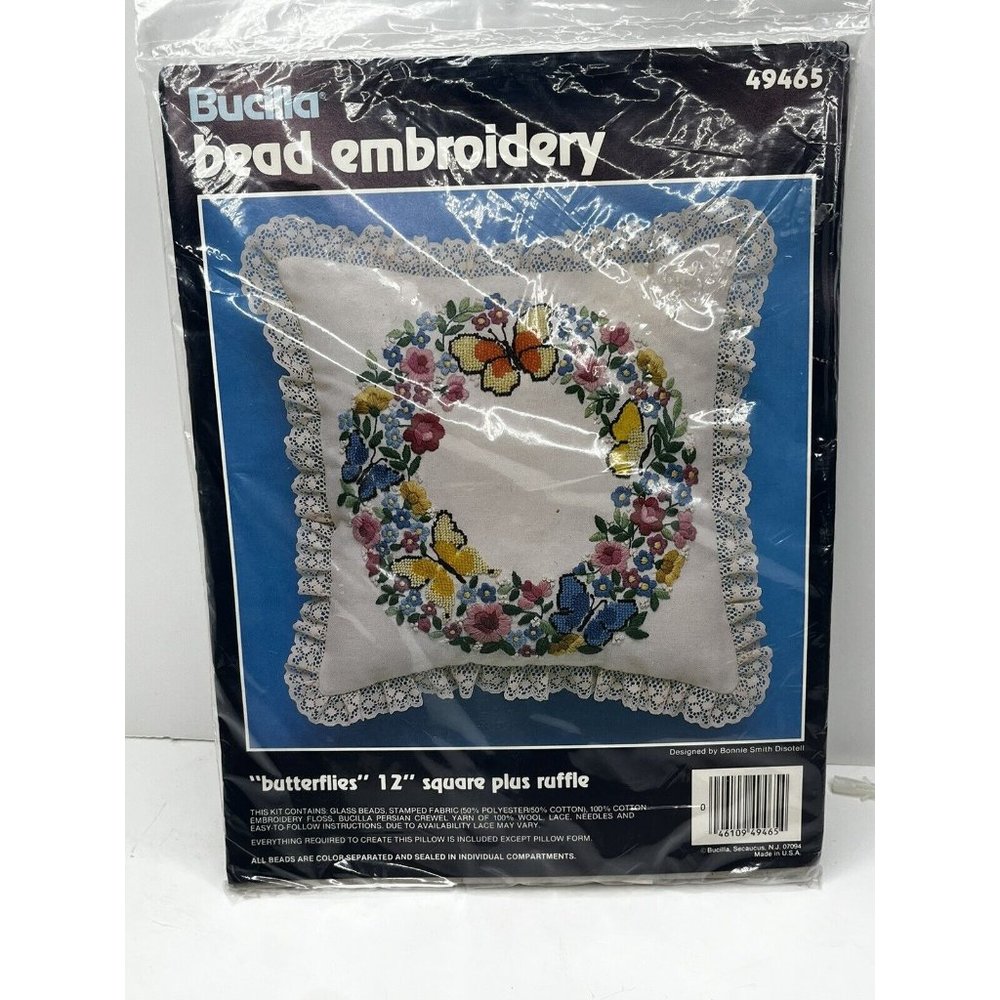 NEW BUCILLA BEAD EMBROIDERY *BUTTERFLIES* 12" RUFFLED PILLOW KIT EMBELLISH 49465